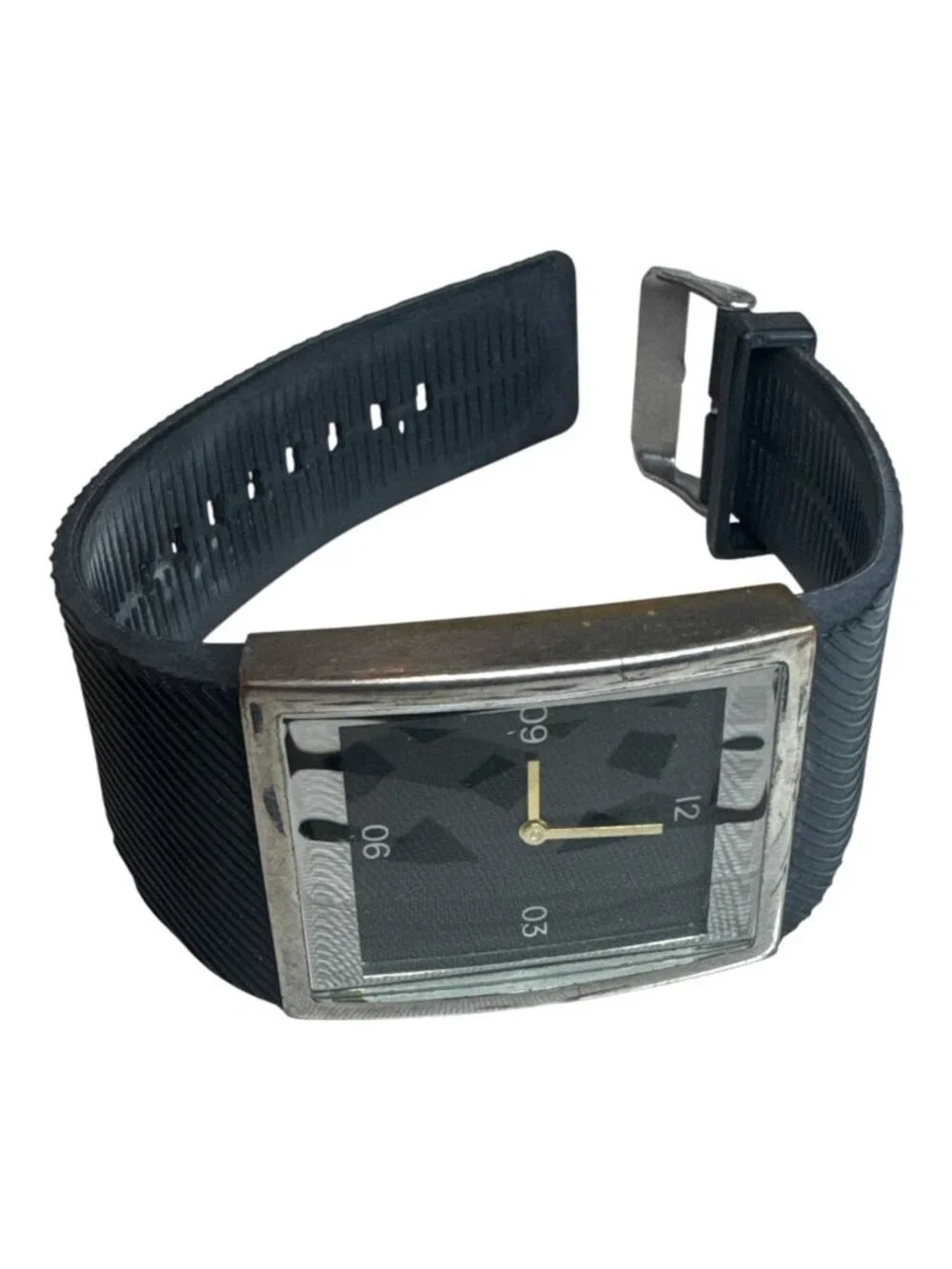 Rectangular Black Quartz Watch With Gold Hands & Silicone Band